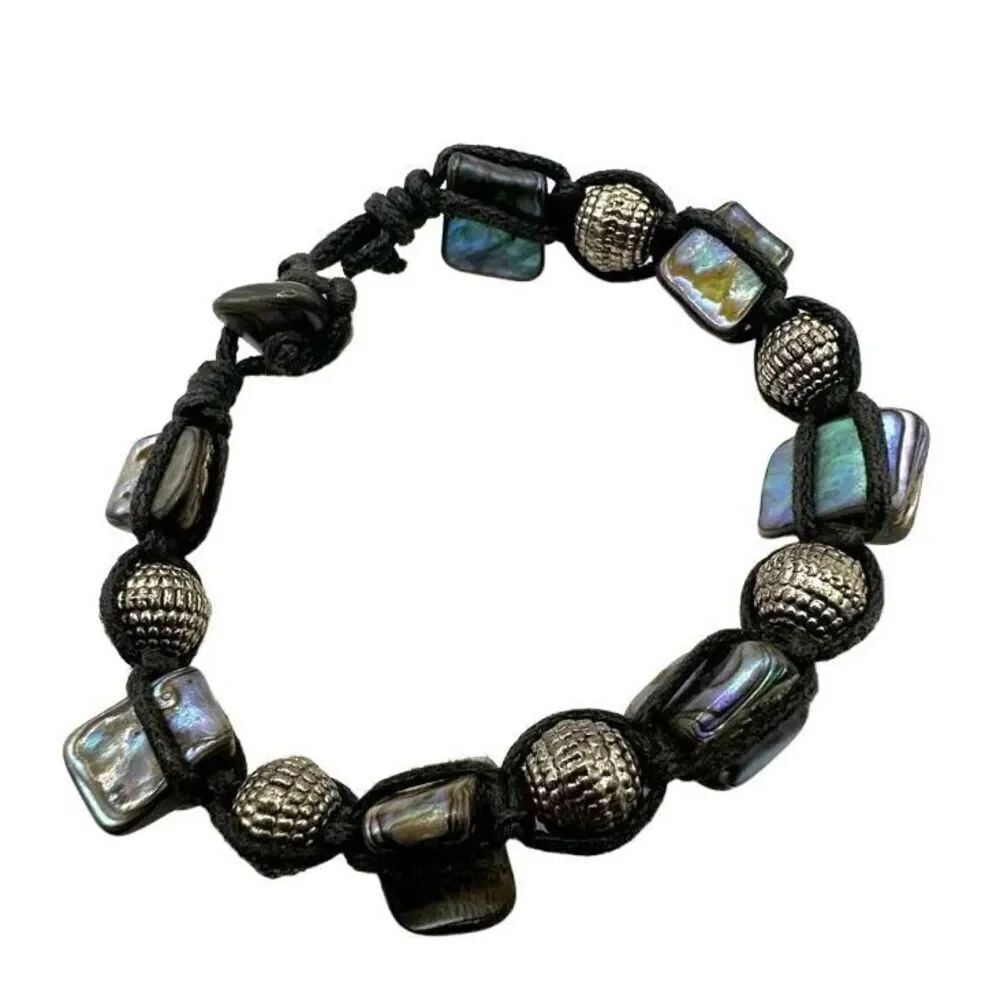 Silver tone and abalone black corded bracelet